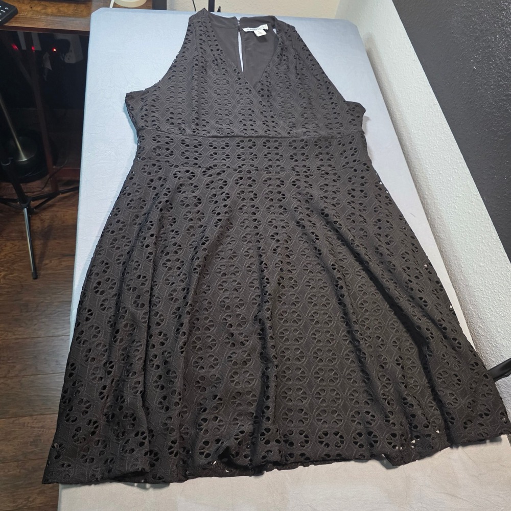 WHBM Black Eyelet Halter Fit‎ & Flare Dress XL Smocked Back Surplice V-Neck LBD